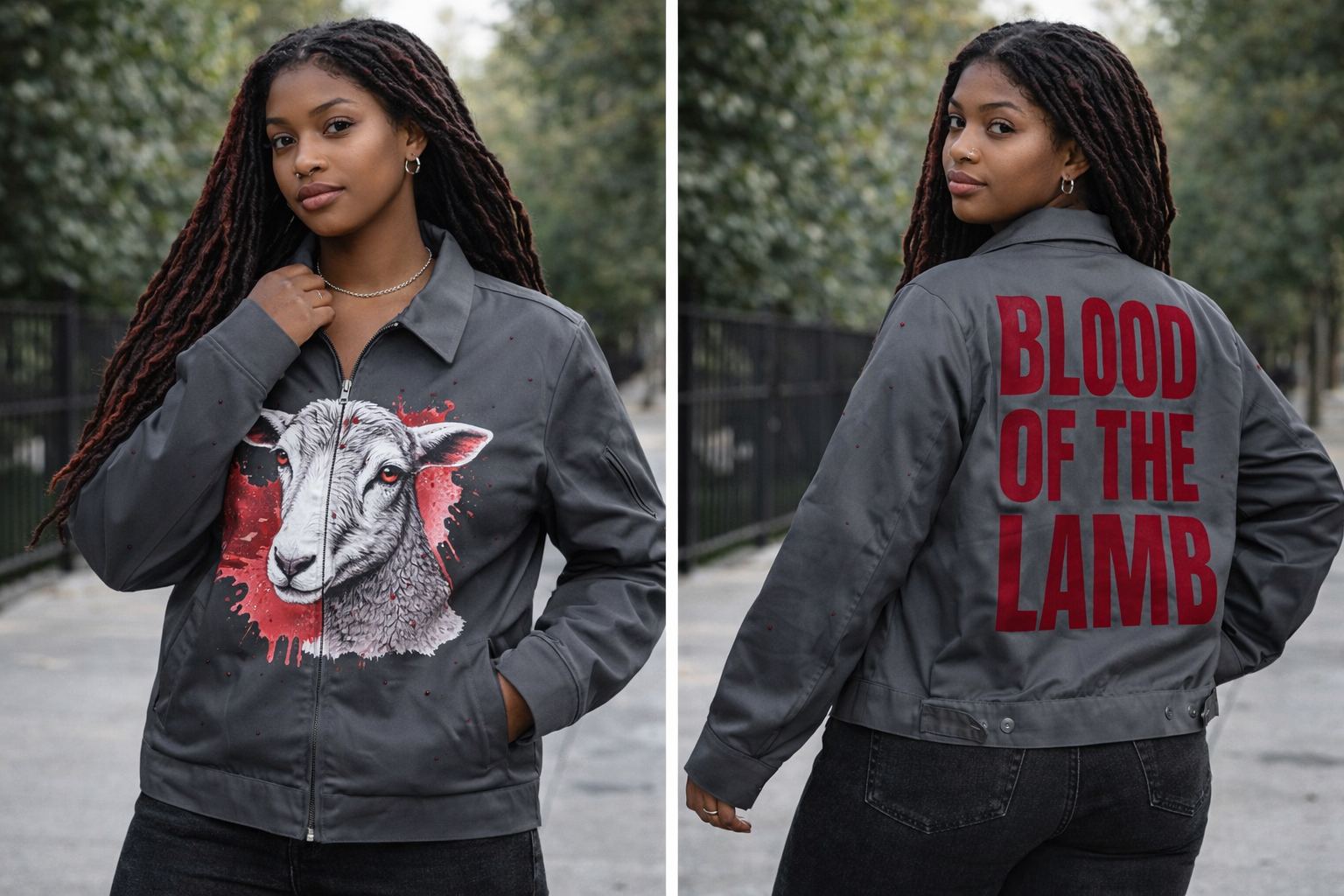 Person wearing a jacket with a sheep graphic on the front and 'Blood of the Lamb' text on the back.